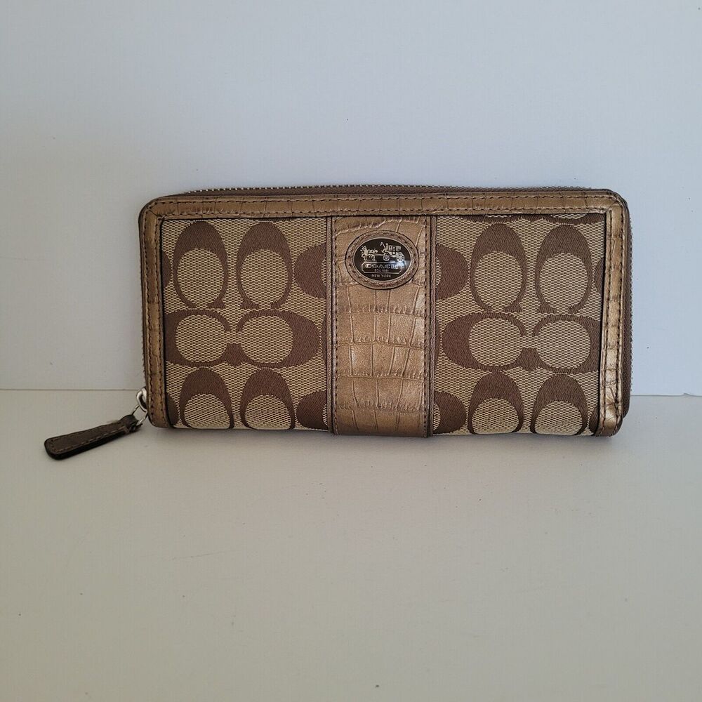 Coach Long Wallet Stripe Accordion Zippy Around Metalic Brown Designer